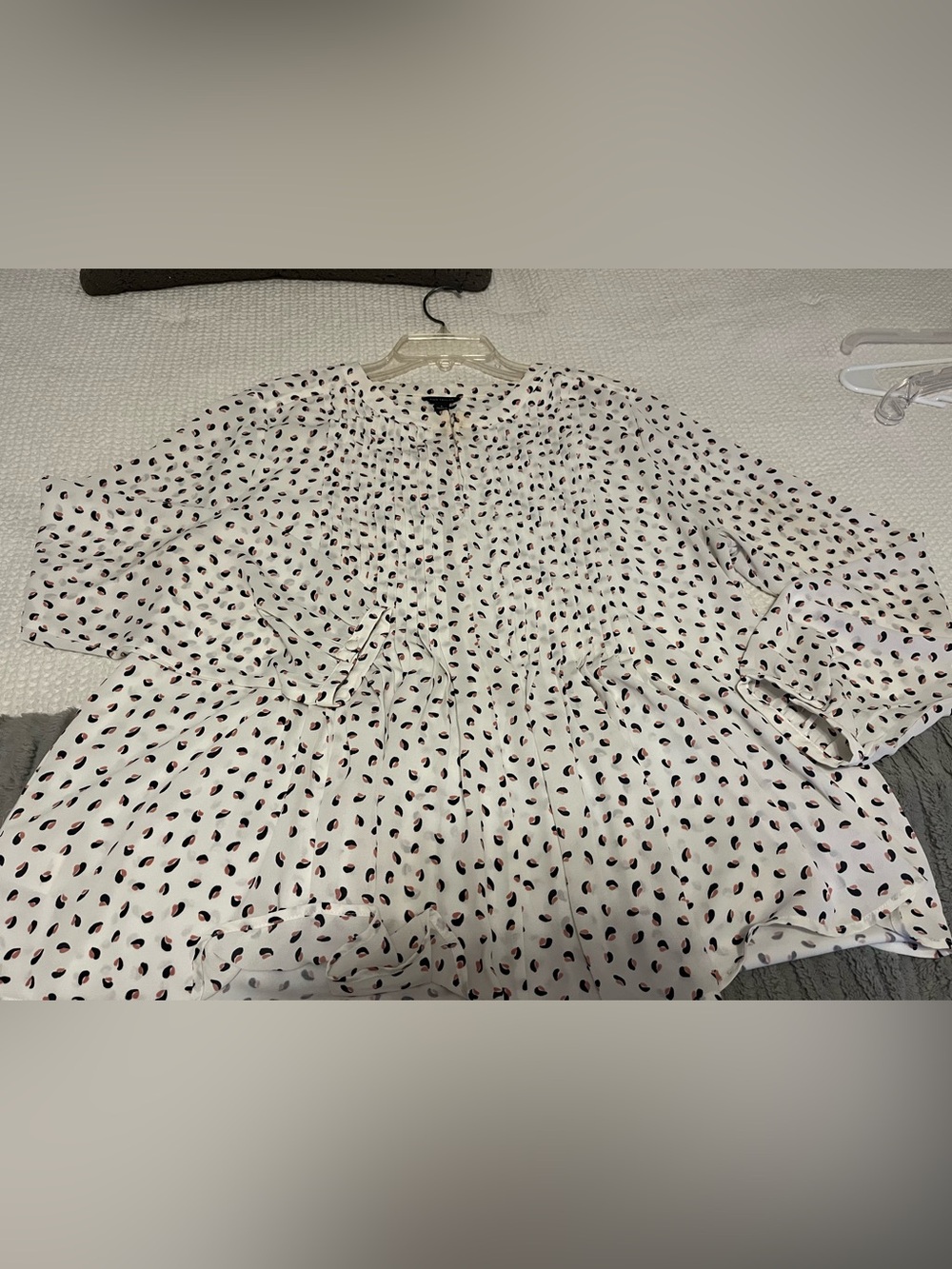 Women’s Ann Taylor White Peplum Blouse with Black and Burgundy Dot Print